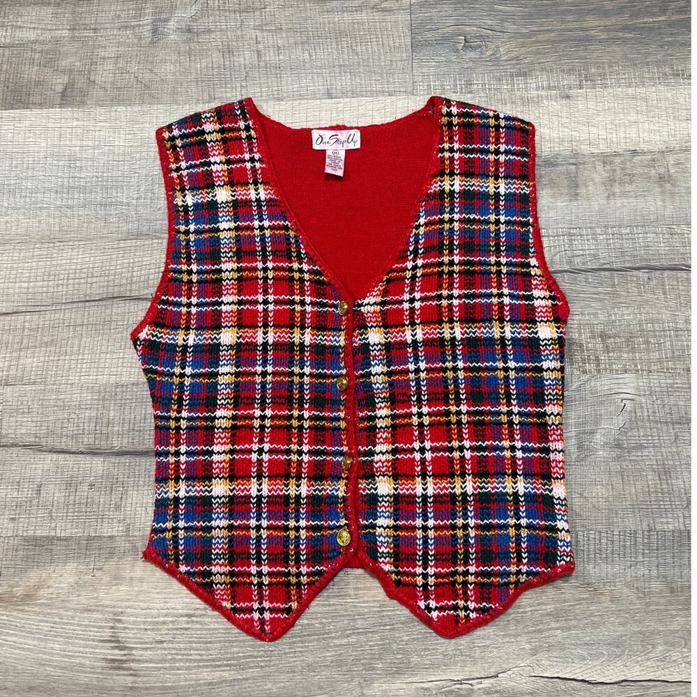 One Step Up VTG 80s Plaid Knit Sweater Vest Gold Button Medium Academia Holiday